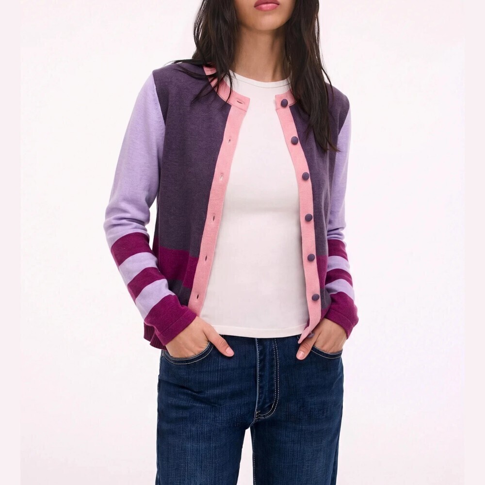 Purple Colorblock Collegiate Striped Contrast Trim Cropped Cardigan